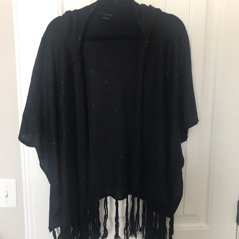 Sequin Fringe Hooded Poncho Jacket